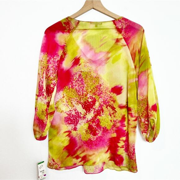 ANNE KLEIN WOMEN LARGE PINK GREEN LONG SLEEVE BLOUSE BRAND NEW 100% POLYESTER - Picture 4 of 5